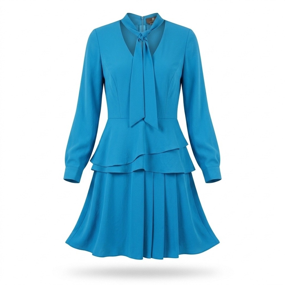 Sachin Babi Tie Neck Peplum Mini Dress Cerulean Crepe Elegant Office Statement